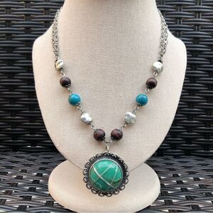 Beaded Boho Pendant Necklace | Silver Tone | 17” Adjustable